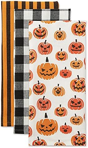 DII Halloween Hand Towels for The Kitchen Decorative Spooky & Fun Cotton Printed Dishtowel Set, 18x28, Black & White Buffalo Check/Orange Stripes, 3 Count