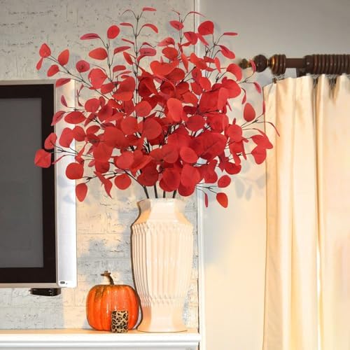 16Pcs Artificial Eucalyptus Leaves Stems 33.8‘’ Eucalyptus Plants Branches Greenery for Home Fireplace Farmhouse Party Wedding Table Bathroom Christmas Décor Red