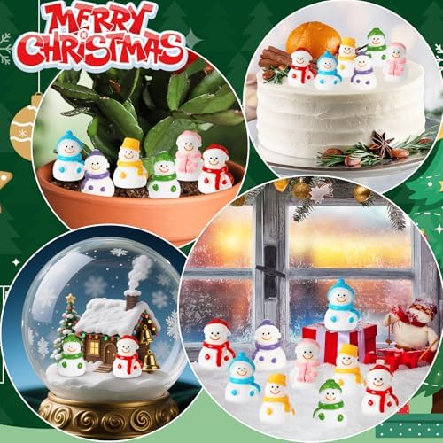 JUNEBRUSHS 50 Pcs Mini Resin Snowman, Christmas Snowman Figurines Winter Miniature Snowmen Ornaments for Christmas DIY Craft Fairy Garden Dollhouse Decor