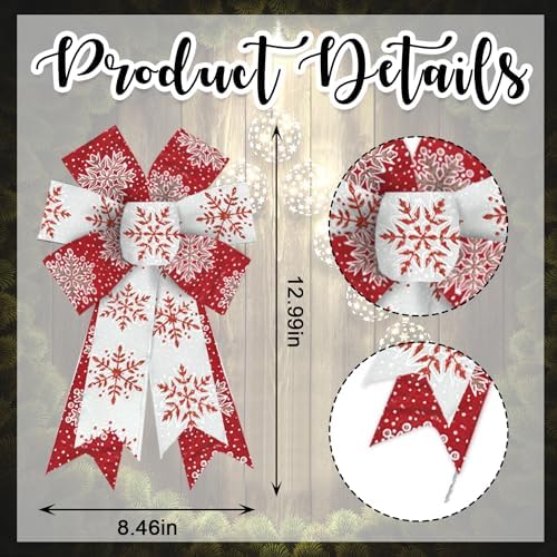 Hying 2 Pieces Christmas Bows for Wreath, Christmas Wreath Bow Glitter Red White Burlap Bows Xmas Snowflake Craft Bows Ornaments for Front Door New Year Christmas Party Decoration Supplies