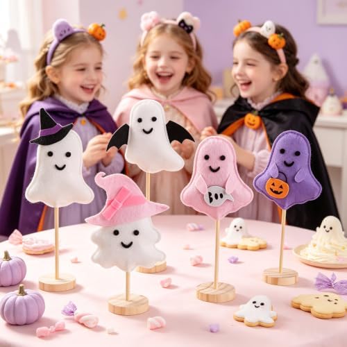 SUNBEAUTY Pink Halloween Decor Pink Felt Ghost Halloween Table Decorations, 5Pcs Cute Ghost Witch Hat Bat Wings, Boo, Pumpkin Centerpieces for Home Mantel Tabletop Desk Office Tray Decor