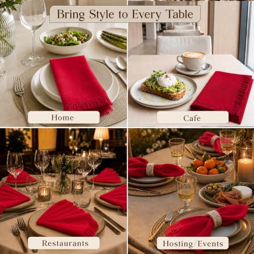 CLOUDLOOM 100% Cotton Fringe Cloth Napkins, Red, Set of 6, 20"x20"