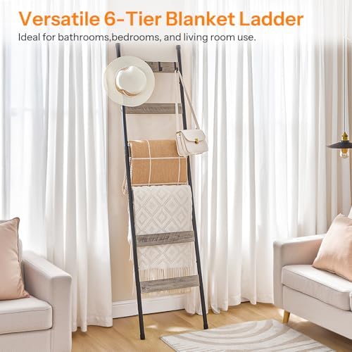 HOOBRO Blanket Ladder, 6-Tier Towel Rack with Hooks, Wall-Leaning Blanket Rack, Decorative Display Ladder Shelf