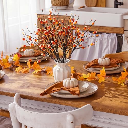 8 Pcs 20 Inch Halloween Candy Corn Artificial Stems Berry Spray with Fake Candies for Halloween Party Spooky Decoration, Faux Twigs and Branches for Vases Arrangement for Fall Season