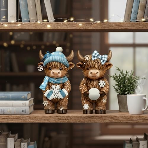 Simgoing 2 Pack Winter Highland Cow Figurines Snowflake Highland Cow Tabletop Decorations Calf Lovers Gifts for Home Centerpieces Holiday Ornament Gifts