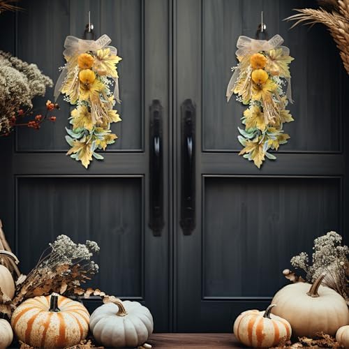Suncalla 2 Pcs Fall Pumpkin Teardrop Swag 20" Front Door Maple Leaf