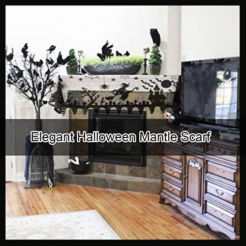 Halloween Mantle Scarf for Fireplace - Lace Witch Hat Haunted House Ghost Cover Garland Runner for Living Room - Gothic Indoor Decorations (Black)