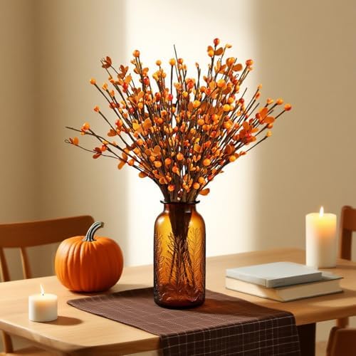 RHN Artificial Fall Floral Stems for Vases,15.75 in Fall Faux Berry Bittersweet Stems Decor Autumn Branches Picks Decor for Autumn Harvest Thanksgiving Day Home Table Floral Arrangements Vase Filler