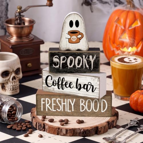 Lineshading 4 Pcs Halloween Coffee Bar Decor Wooden Ghost Block Signs