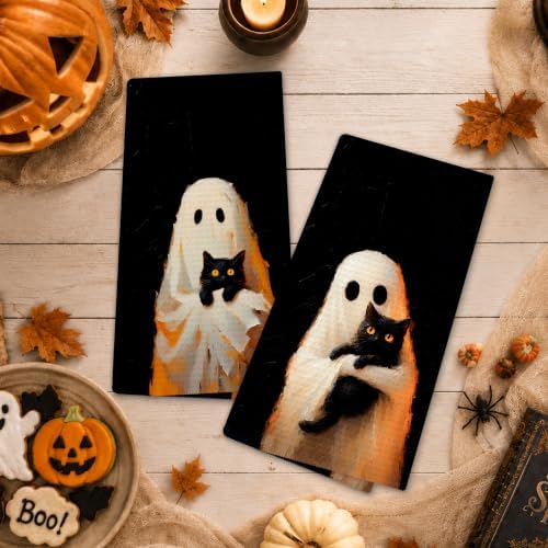 Halloween Ghost Black Cat Kitchen Towels, Halloween Hand Towels for Bathroom Decor, Whimsical Spooky Ghost Hugs Black Cat Dishcloths Dish Towel for Kitchen 16x24 Inches Set of 2