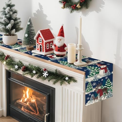 Artscope Reindeer Snowman Christmas Tree Table Runner, Xmas Winter Snowflakes Holiday Kitchen Dining Table Decoration for Christmas Home Party Decor 13x108 Inch-Blue