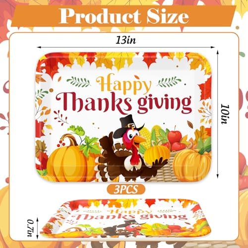 Whaline 3 Pcs Thanksgiving Day Serving Trays Turkey Pumpkin Maple Leaves Reusable Melamine Trays Platters for Fall Autumn Harvest Holiday Party Food Snack Dessert Decorations, 10 x 13 Inch