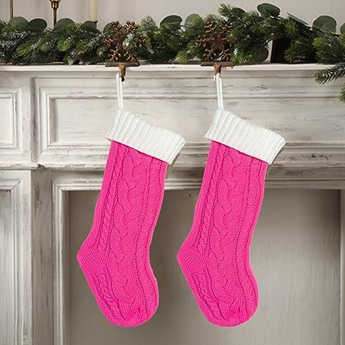 Nanou 18” Knitted Christmas Stockings, 1 Pack, Rose Pink Body & Ivory Cuff