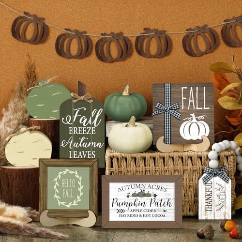 Reallnaive 18 Pcs Fall Thanksgiving Tiered Tray Decor Set Pumpkin Buffalo Plaid Wood Sign Hello Fall Rustic Farmhouse Neutral Tray Decoration Tabletop Sign for Autumn Home Kitchen Festival(Sage Green)