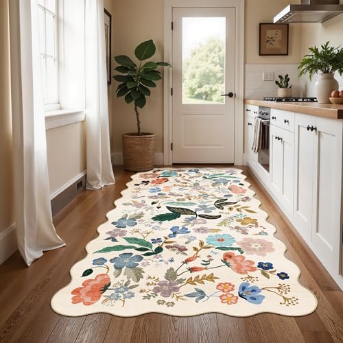 Washable 4x8 Wide Runner Rug: Hallway Entryway Non Slip Scalloped Floral Rug Farmhouse Soft Stain Resistant Carpet for