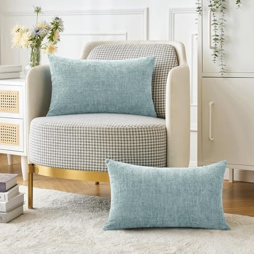 MIULEE Soft Chenille Lumbar Throw Pillow Covers Light Blue 12x20 Pack of 2