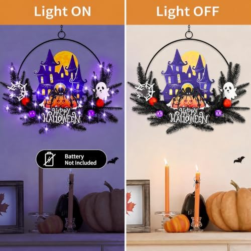 Pre-Lit Halloween Wreath for Front Door, Lighted Spider with 6H On/18H Off
