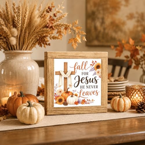 Christian Fall Wood Sign, Fall for Jesus Cross Pumpkin Tabletop Decor