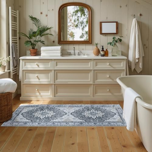 RELEANY Washable Area Rug, Runner 2'x6', Grey/White/Beige