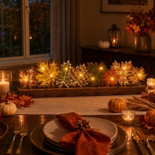 Rattanview Fall Maple Lighted Decorations, Wooden Table Centerpiece