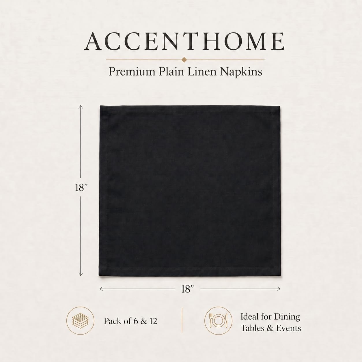 ACCENTHOME Black Cotton Linen Napkin Set of 12 18x18 inch Dinner Napkins | Cotton Linen Blend Napkins, Machine Wash On