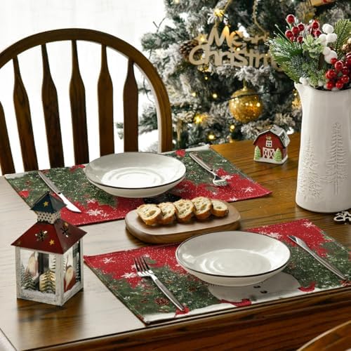 Artoid Mode Red Snowman Trees Bird Christmas Placemats Set of 12, 12x18 Inch Seasonal Winter Table Mats for Party Kitchen Dining Decoration