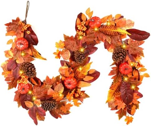 SHareconn 2 Packs 9ft Fall Garland with Lights and Timer for Mantle