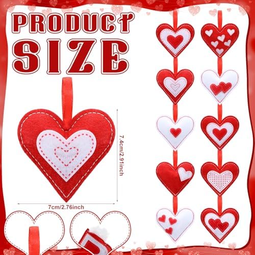 Mindsoft 30 Pcs Valentine Felt Ornaments Heart for Tree 2.4 Inch Valentines Heart Hanging Decorations Red White Hanging Decoration for Valentines Wedding Anniversary Vase Bowl Filler DIY Crafts