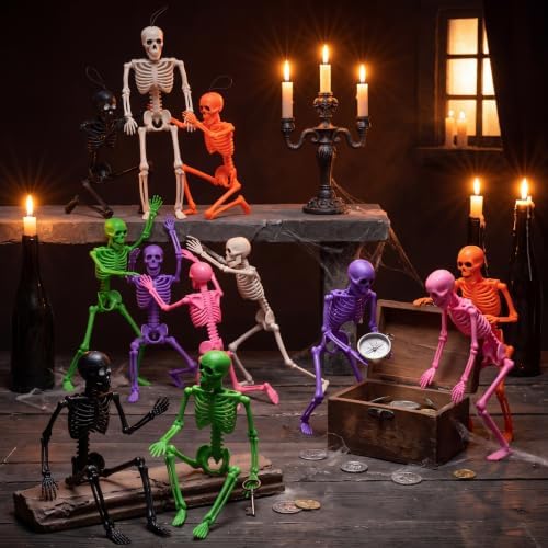 JOYIN 12 PCS Posable Halloween Skeleton Decor 16 Inches, Full Body Posable Joints Hanging Skeletons for Halloween Decorations, Graveyard Props, Haunted House Accessories, Spooky Scene Party Favors