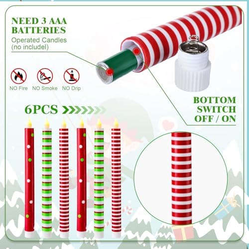Baquler 6 Pcs Christmas Flameless Taper Candles 10.6 Inch for Home Decor