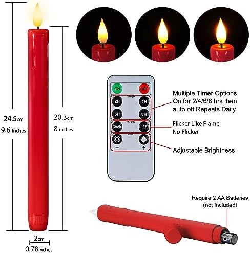 Homemory 6 Pcs Flameless Taper Candles with Remote Timer Dimmer, Red Battery Operated Candlesticks Flickering, Plastic Led Taper Candles Realistic, 9.6 Inches for Party Holiday Celebrations Christmas