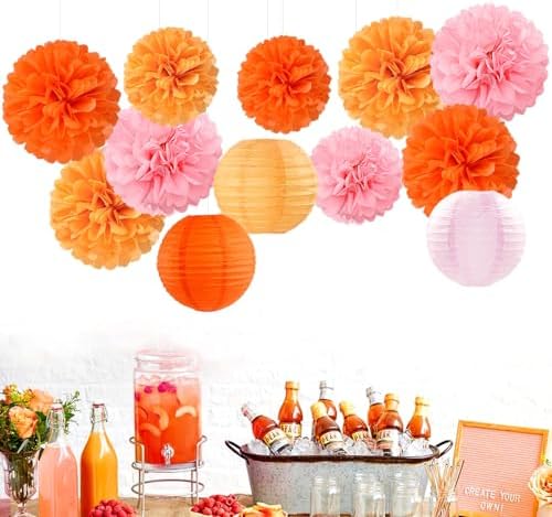 Pink-Orange Groovy Party-Decorations Paper-Flowers Lanterns - 15PCS Baby Shower Tissue Pom Poms Streamers, Fall Wedding Boho Birthday Bridal Bachelorette Sunset Hanging Supplies Decor Hugfond