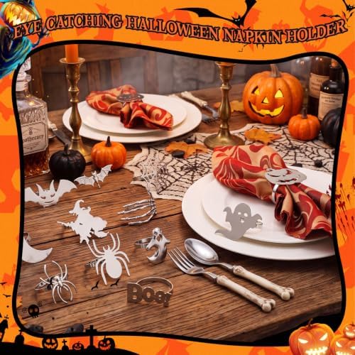 WILLBOND 12 Pcs Halloween Napkin Rings Metal Spooky Rings Holders Silver