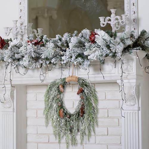 Suncalla Christmas Snowy Norfolk Pine Wreath 16" for Front Door Greenery