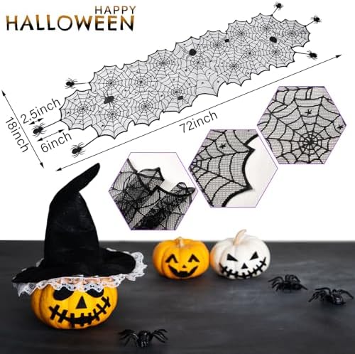 18 x 72 Inch Halloween Table Runner Black Lace Spider Web Decor