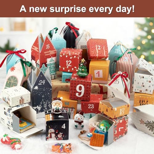DIY Christmas Advent Calendar Boxes to Fill, 25 Numbered Empty Advent Calendar Houses Boxes, Countdown Advent Calendars Surprise Gift Boxes for Kids Family Friends, XMAS Holiday Decor -25 Designs