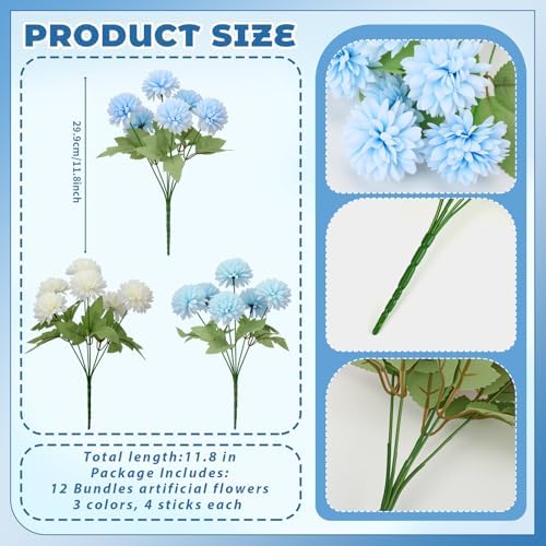XunYee 12 Pcs Blue Artificial Flowers for Outdoor,Silk Chrysanthemums