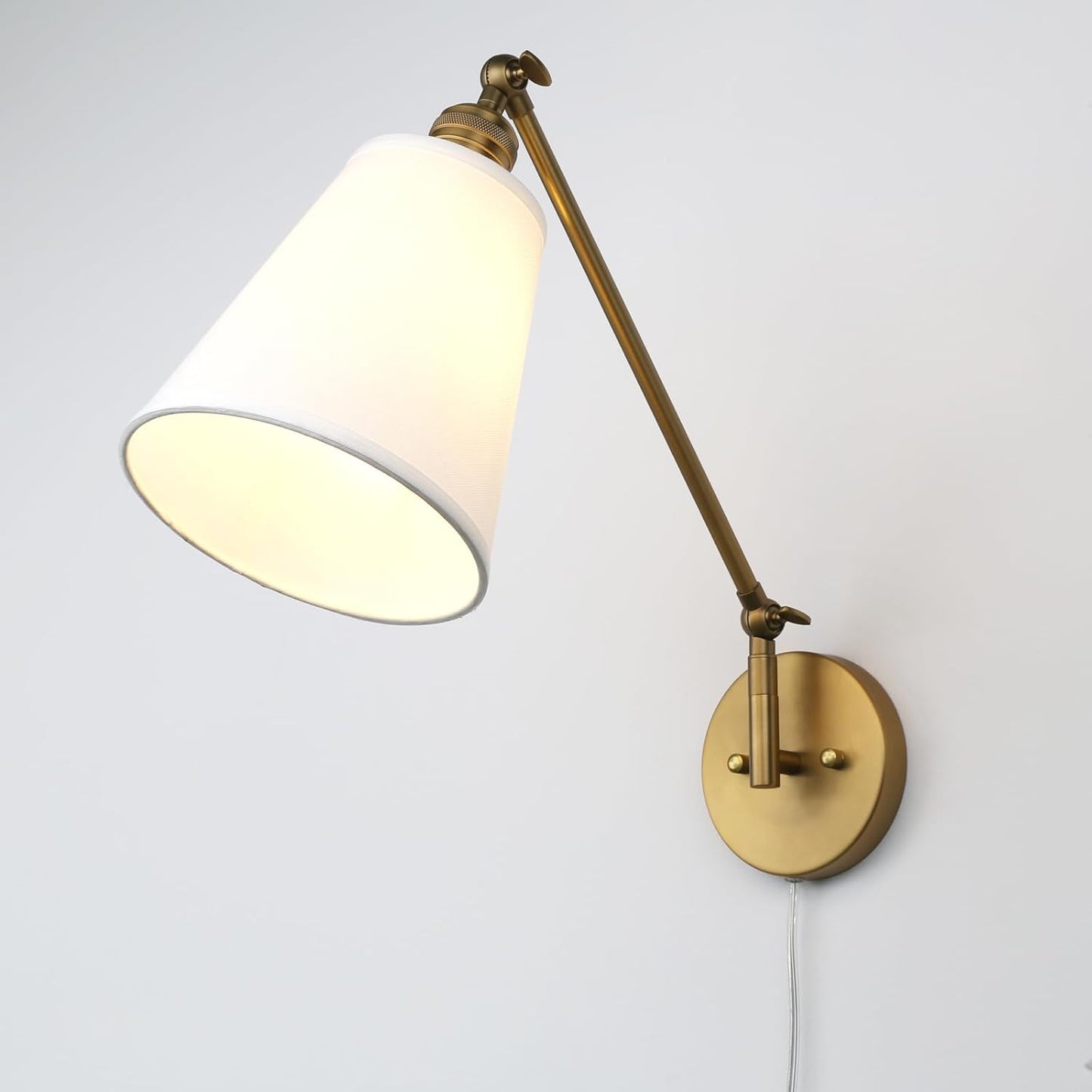 Retro Swing Arm Wall Sconce Plug in Wall Lamp Single Sconce Light Fixture with White Fabric Shade for Bedroom Living