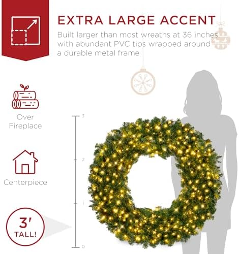 Best Choice Products 36in Large Artificial Pre-Lit Fir Christmas Wreath Holiday Accent Decoration w/ 150 LED Lights, 300 PVC Tips