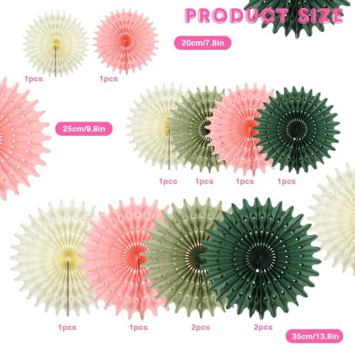 BestoFun 12PCS Pink Sage Green Hanging Paper Fans Decoration – Thin Tissue Paper Honeycomb Fan Ornaments, Hanging Fans for Wedding, Birthday, Baby Shower, Home & Party Décor