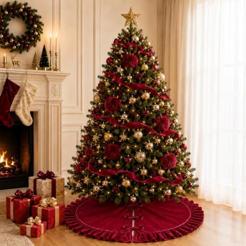 Velvet Christmas Tree Skirt Red 48 inch Ruffled Holiday Tree Skirt for Rustic Xmas Tree Decoration