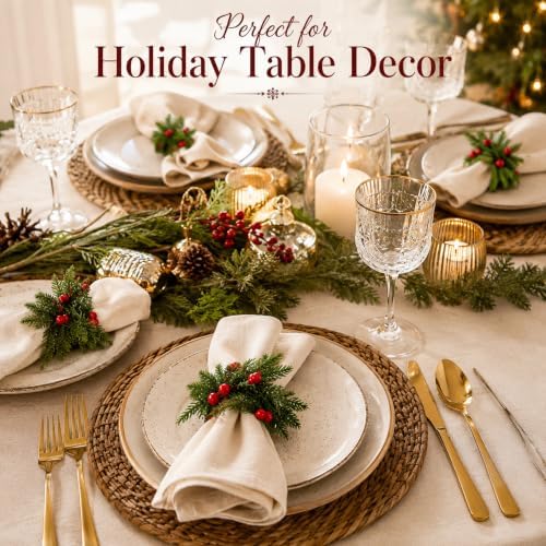 12 Pcs Christmas Napkin Rings Wreath Napkin Holder, Red Berry