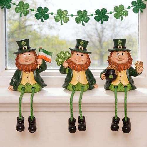 St Patricks Day Decorations Leprechaun Gnomes Small Figurine wit Gold Coins/Luck Shamrock/Irish Flag, St. Patrick's Day Gifts Resin Ornaments Statue for Party Home Table Decoration