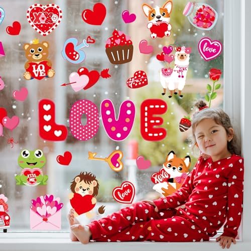 Whaline 9 Sheets Valentine's Day Cartoon Window Cling Stickers Red Pink Love Heart Cake Gnome Reusable Window Decals for Wedding Anniversary Party Home Office Classroom Decoration