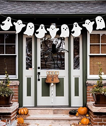 2 Pack Glittery Halloween Hanging Ghost Banners Halloween Party White Ghost Garland Party Banner for Haunted Houses Home Decorations Supplies White