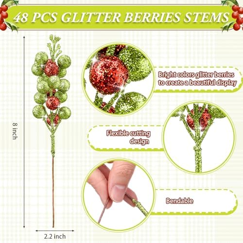 Thiccywoov 48 Pcs Christmas Picks and Sprays Tree Picks, 8 Inch