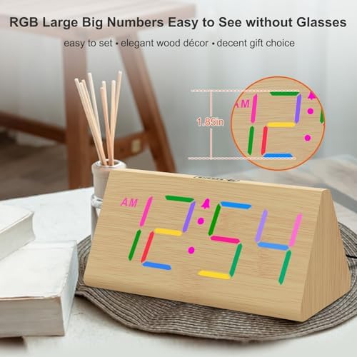 DreamSky Wooden Digital Alarm Clock for Bedroom with RGB Large Numbers