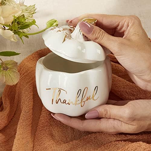 Kate Aspen Thankful White Pumpkin Bowl - Ceramic Decorative Pumpkin Decor Candy Dish With Lid, Fall Candy Dish, Thanksgiving Bowl, Fall Decorations for Home, Kitchen Decor, Thanksgiving Decorations