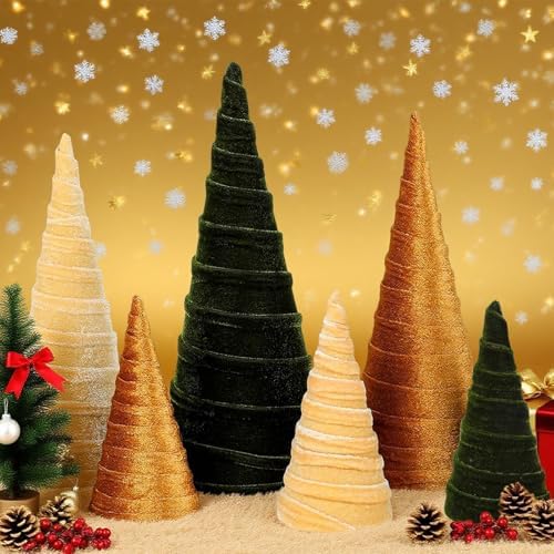 6 Pcs 12" 10" 6" Christmas Cone Tree Decorations Christmas Neutral Velvet Table Centerpieces Decor Flocked Farmhouse Tiered Tray Ornament Xmas Tree for Home Entryway Tabletop Centerpiece Decor