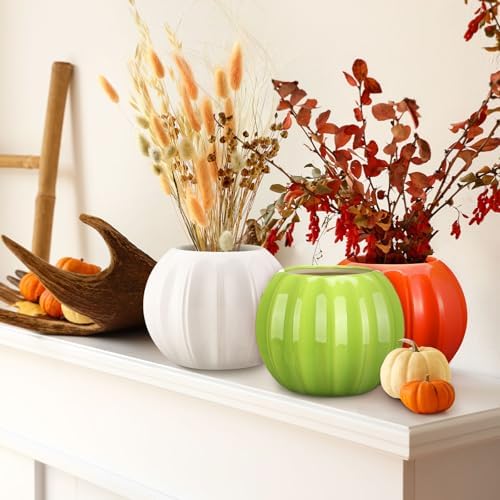 3 Pcs Ceramic Pumpkin Vase 5.5" White Orange Green Pumpkin Decor Fall Vase